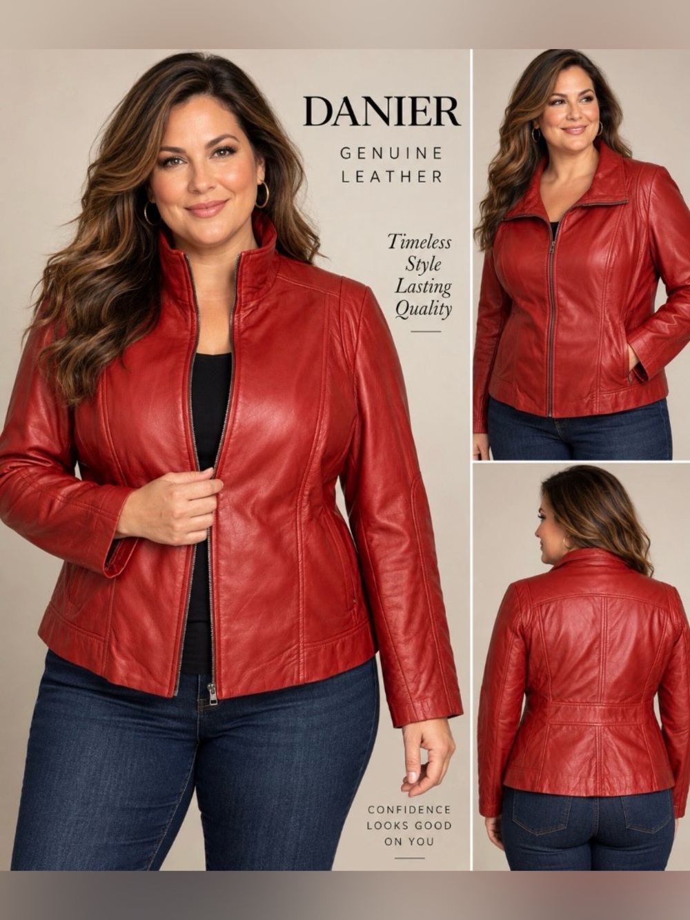 ❤️ DANIER Red Genuine Leather Jacket – Size XL/TG with Removable Zip-In Liner